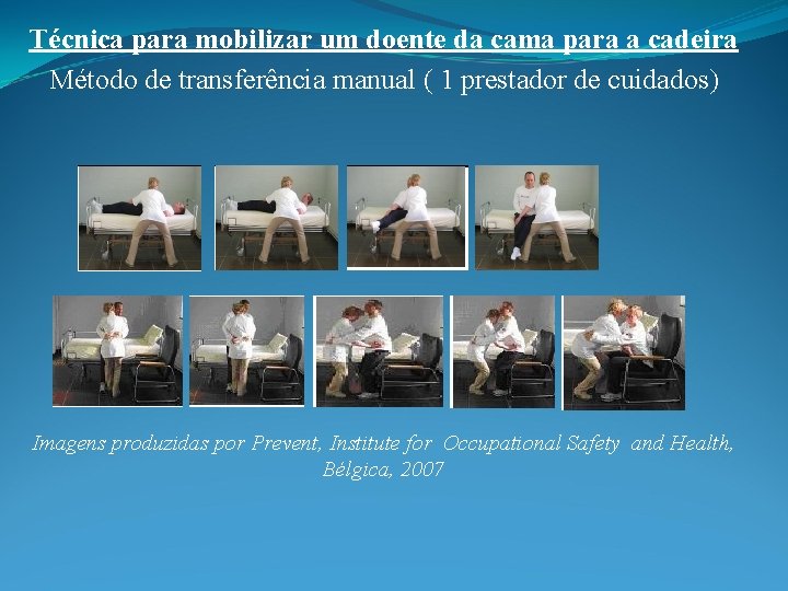 Técnica para mobilizar um doente da cama para a cadeira Método de transferência manual