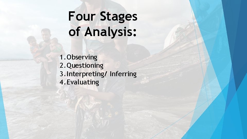 Four Stages of Analysis: 1. Observing 2. Questioning 3. Interpreting/ Inferring 4. Evaluating 