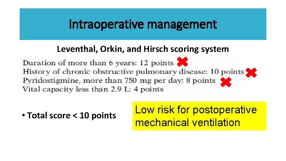 Intraoperative management Leventhal, Orkin, and Hirsch scoring system • Total score < 10 points