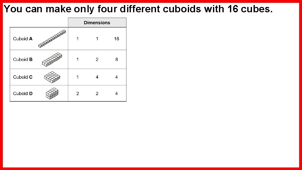 You can make only four different cuboids with 16 cubes. 