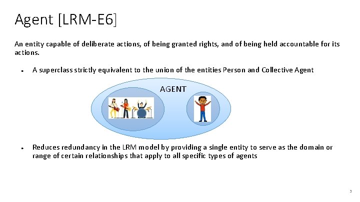 Agent [LRM-E 6] An entity capable of deliberate actions, of being granted rights, and