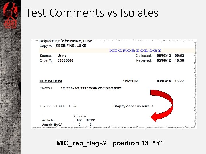 Test Comments vs Isolates MIC_rep_flags 2 position 13 “Y” 