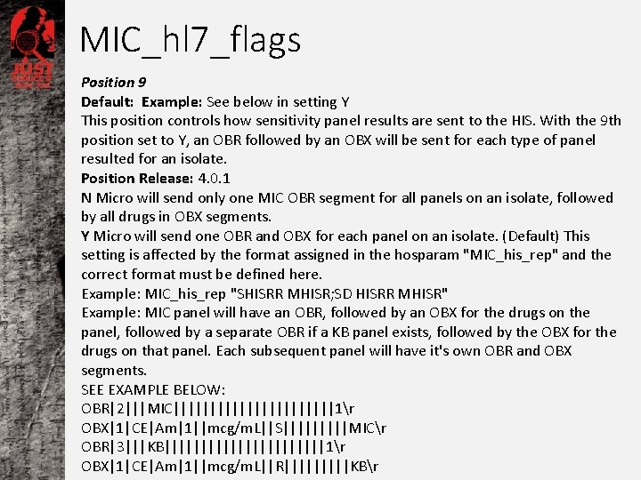 MIC_hl 7_flags Position 9 Default: Example: See below in setting Y This position controls