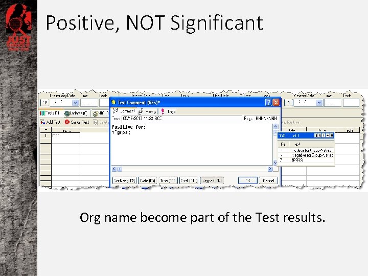 Positive, NOT Significant Org name become part of the Test results. 