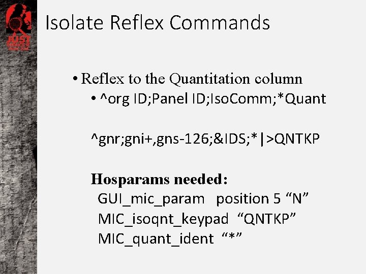 Isolate Reflex Commands • Reflex to the Quantitation column • ^org ID; Panel ID;