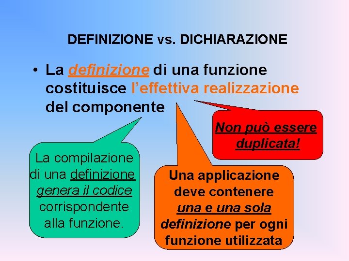 DEFINIZIONE vs. DICHIARAZIONE • La definizione di una funzione costituisce l’effettiva realizzazione del componente