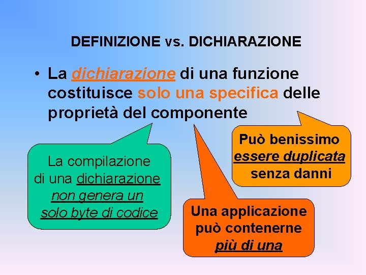 DEFINIZIONE vs. DICHIARAZIONE • La dichiarazione di una funzione costituisce solo una specifica delle