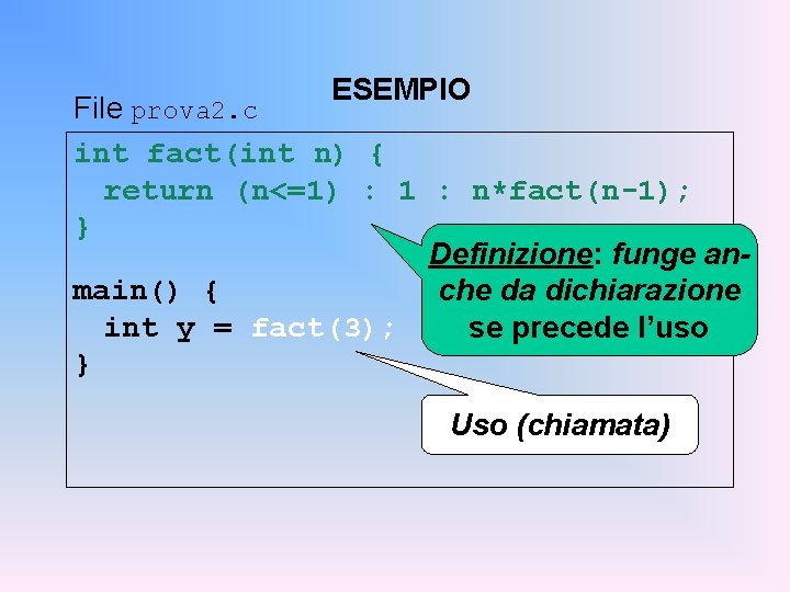 ESEMPIO File prova 2. c int fact(int n) { return (n<=1) : 1 :
