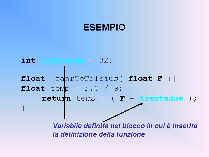 ESEMPIO int trentadue = 32; float fahr. To. Celsius( float F ){ float temp