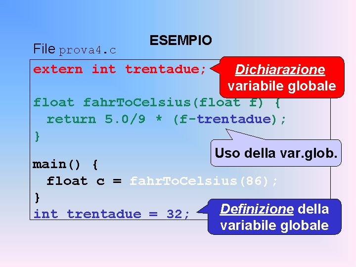 ESEMPIO File prova 4. c extern int trentadue; Dichiarazione variabile globale float fahr. To.