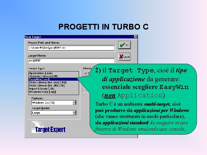 PROGETTI IN TURBO C 2) il Target Type, cioè il tipo di applicazione da