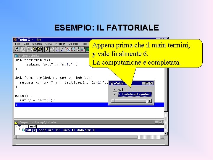 ESEMPIO: IL FATTORIALE Appena prima che il main termini, y vale finalmente 6. La