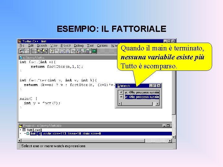 ESEMPIO: IL FATTORIALE Quando il main è terminato, nessuna variabile esiste più Tutto è