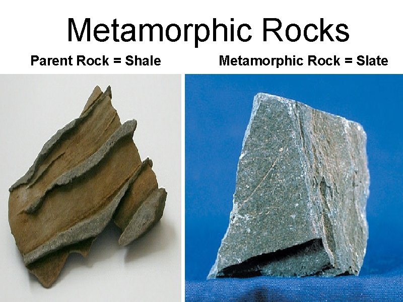 Metamorphic Rocks Parent Rock = Shale Metamorphic Rock = Slate 