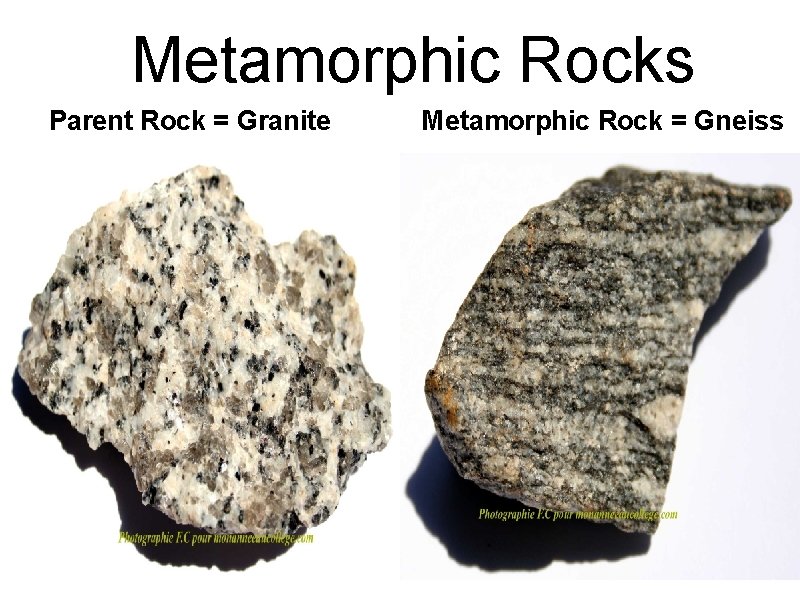 Metamorphic Rocks Parent Rock = Granite Metamorphic Rock = Gneiss 