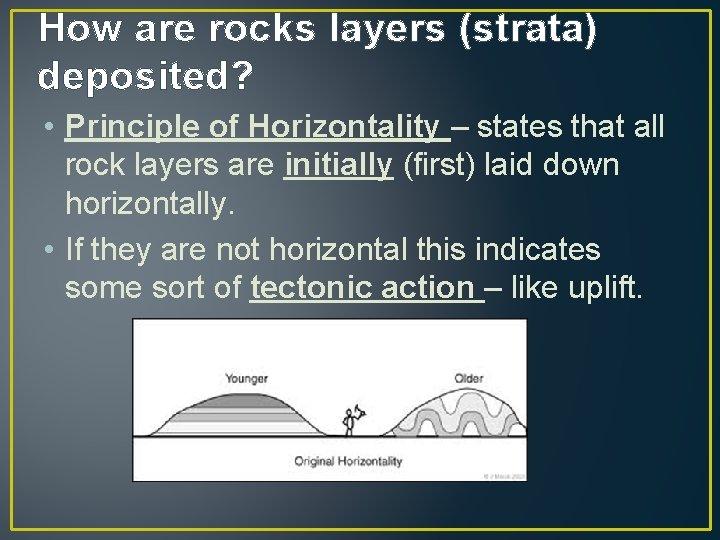 How are rocks layers (strata) deposited? • Principle of Horizontality – states that all