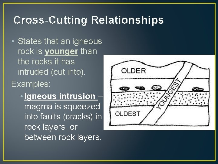 Cross-Cutting Relationships • States that an igneous rock is younger than the rocks it