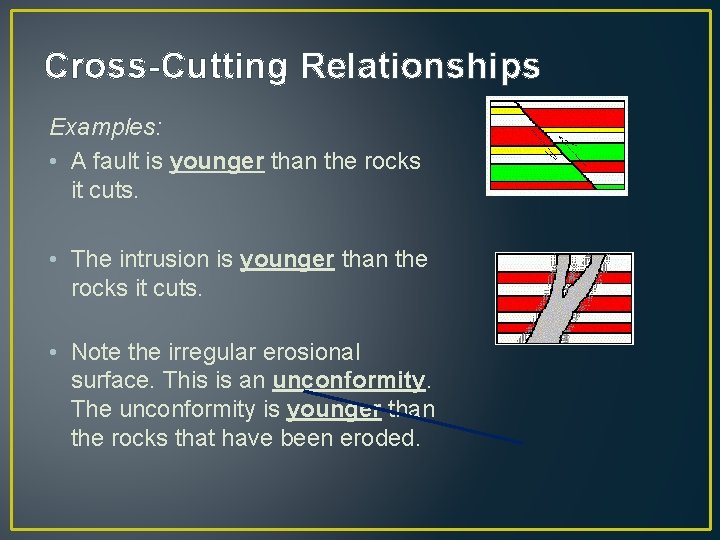 Cross-Cutting Relationships Examples: • A fault is younger than the rocks it cuts. •