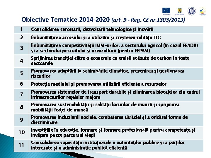 Obiective Tematice 2014 -2020 (art. 9 - Reg. CE nr. 1303/2013) 1 Consolidarea cercetării,