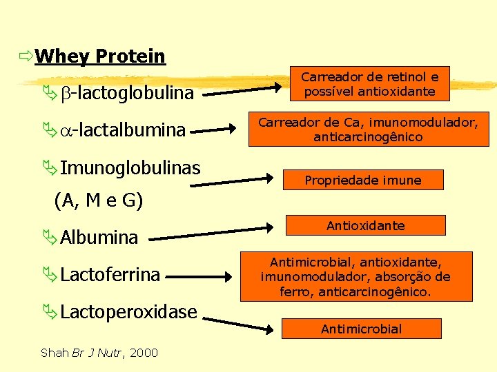  Whey Protein -lactoglobulina -lactalbumina Imunoglobulinas Carreador de retinol e possível antioxidante Carreador de