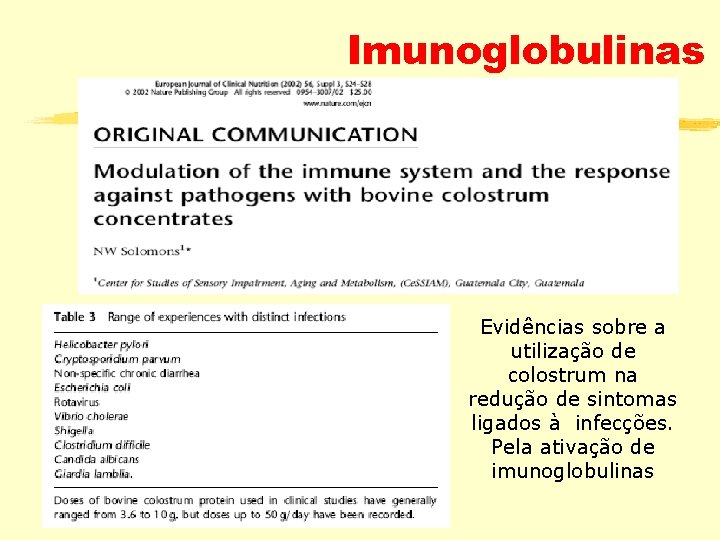 Imunoglobulinas Evidências sobre a utilização de colostrum na redução de sintomas ligados à infecções.