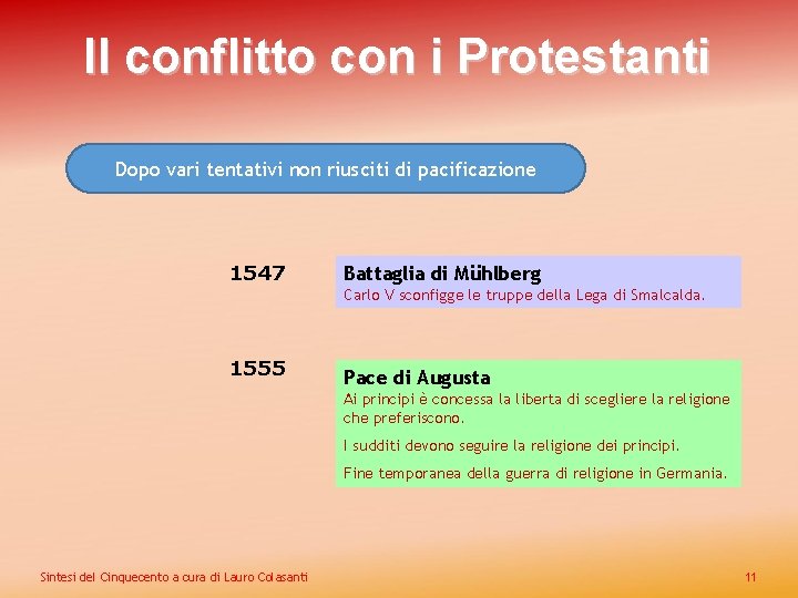 Il conflitto con i Protestanti Dopo vari tentativi non riusciti di pacificazione 1547 Battaglia
