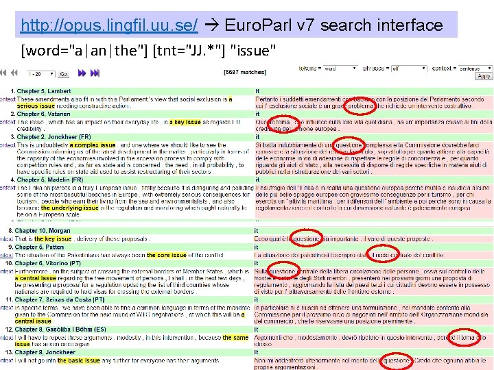 http: //opus. lingfil. uu. se/ Euro. Parl v 7 search interface [word="a|an|the"] [tnt="JJ. *"]