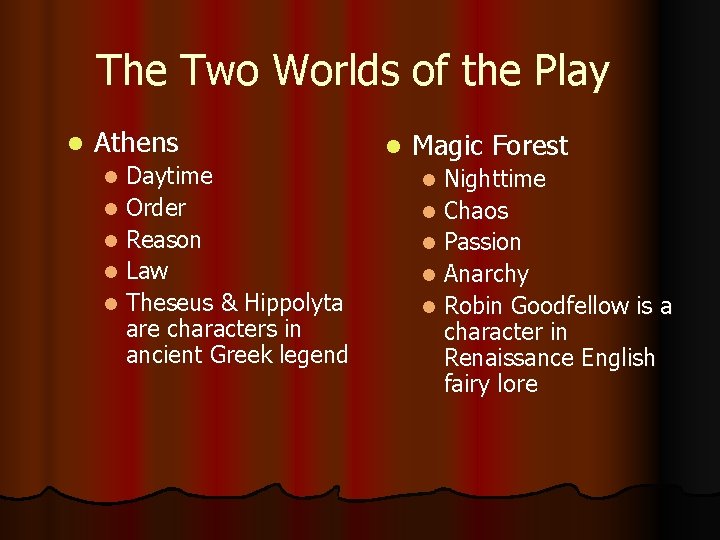 The Two Worlds of the Play l Athens Daytime l Order l Reason l