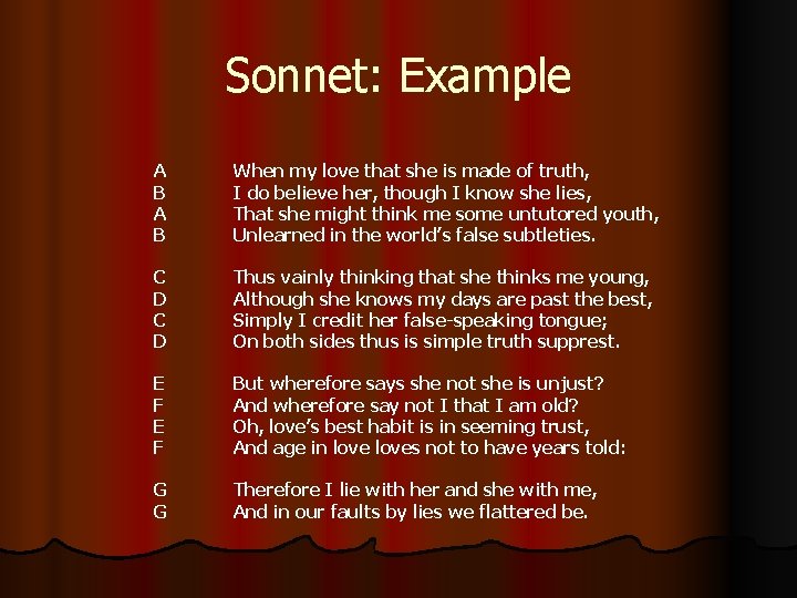 Sonnet: Example A B When my love that she is made of truth, I