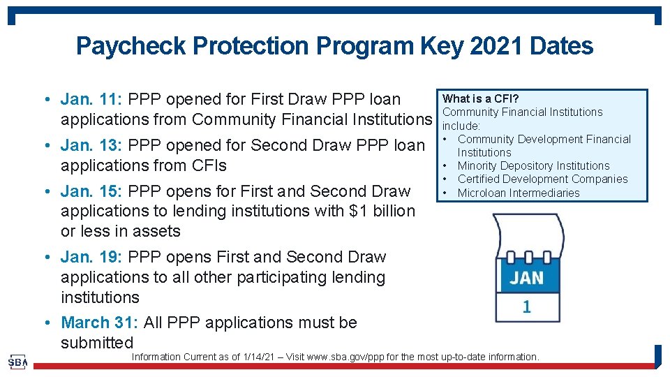 Paycheck Protection Program Key 2021 Dates • Jan. 11: PPP opened for First Draw