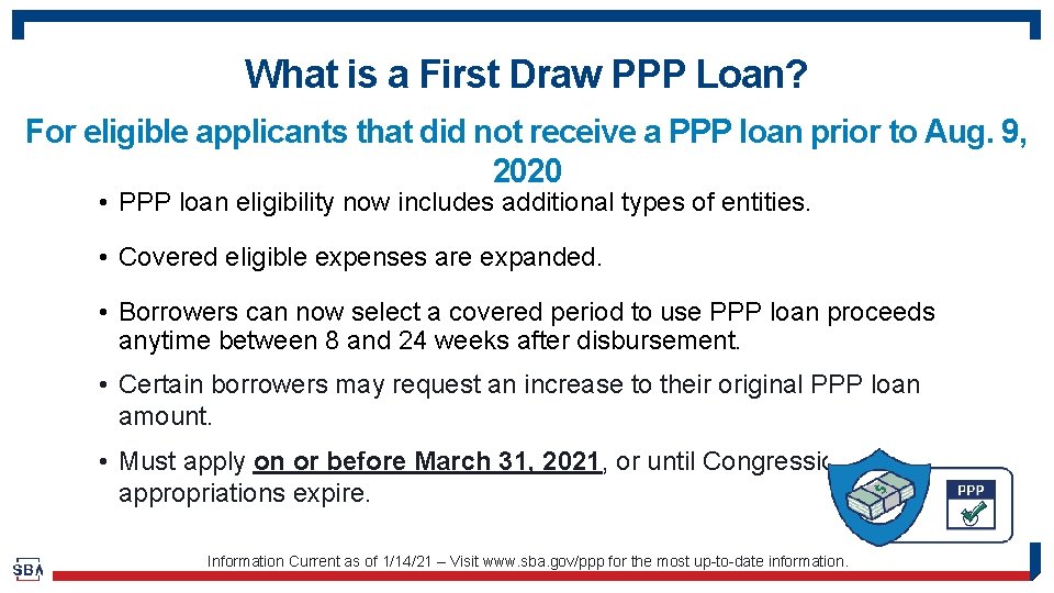 What is a First Draw PPP Loan? For eligible applicants that did not receive