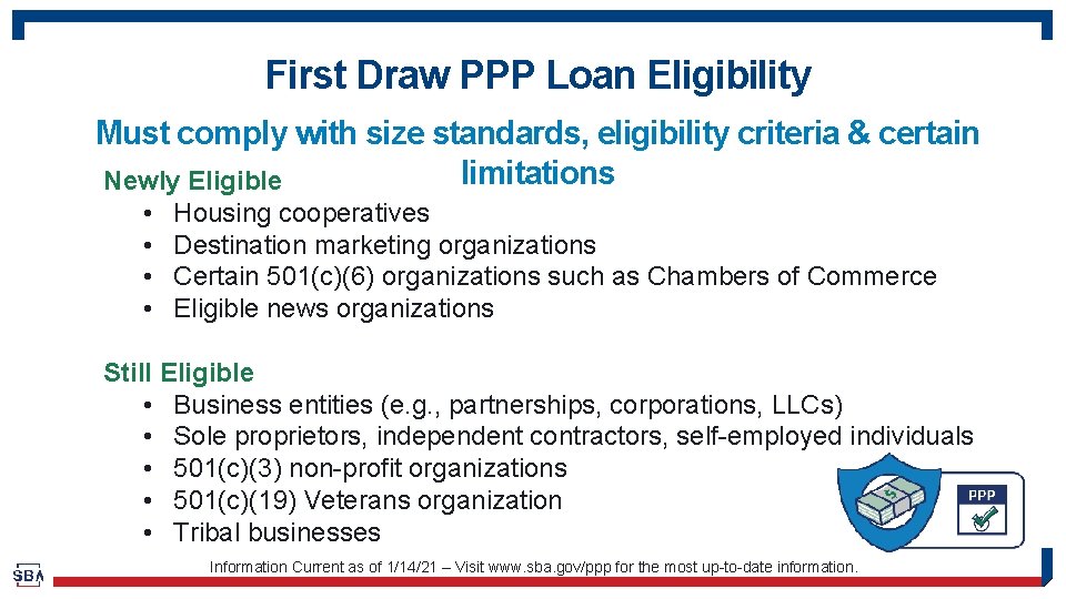 First Draw PPP Loan Eligibility Must comply with size standards, eligibility criteria & certain