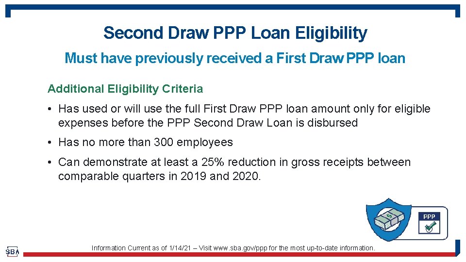 Second Draw PPP Loan Eligibility Must have previously received a First Draw PPP loan