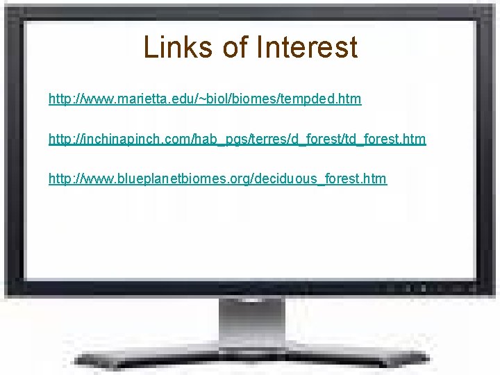 Links of Interest • http: //www. marietta. edu/~biol/biomes/tempded. htm • http: //inchinapinch. com/hab_pgs/terres/d_forest/td_forest. htm