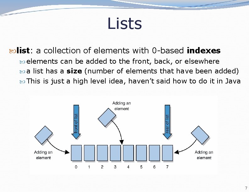 Lists list: a collection of elements with 0 -based indexes elements can be added