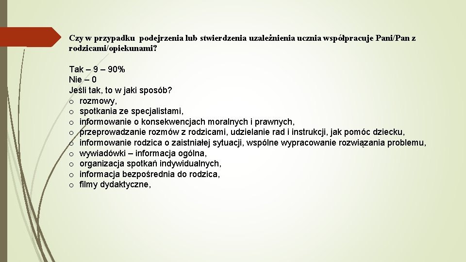 Czy w przypadku podejrzenia lub stwierdzenia uzależnienia ucznia współpracuje Pani/Pan z rodzicami/opiekunami? Tak –