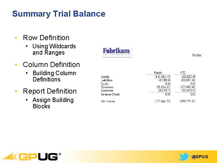 Summary Trial Balance • Row Definition • Using Wildcards and Ranges • Column Definition