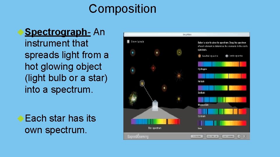 Composition Spectrograph- An instrument that spreads light from a hot glowing object (light bulb