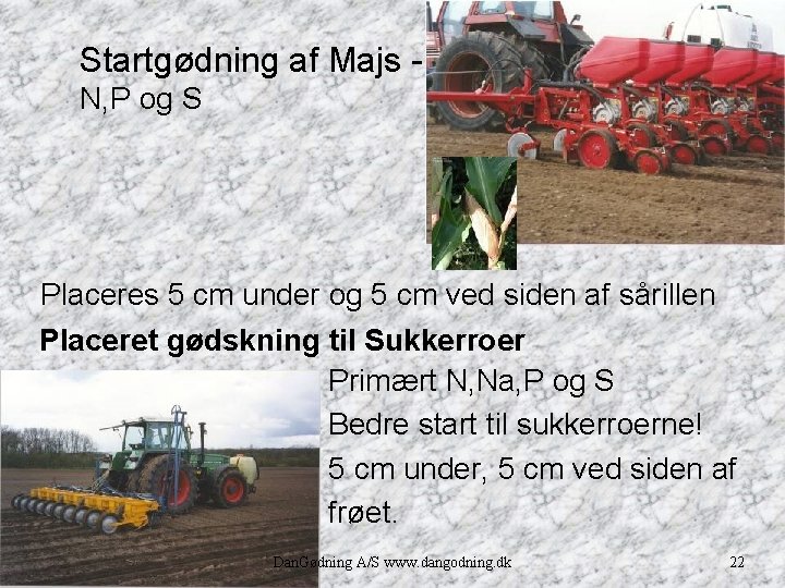 Startgødning af Majs N, P og S Placeres 5 cm under og 5 cm