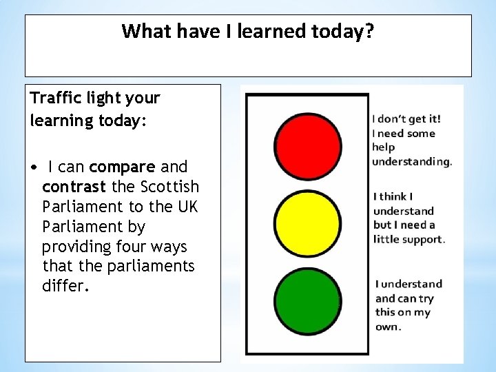 What have I learned today? Traffic light your learning today: • I can compare