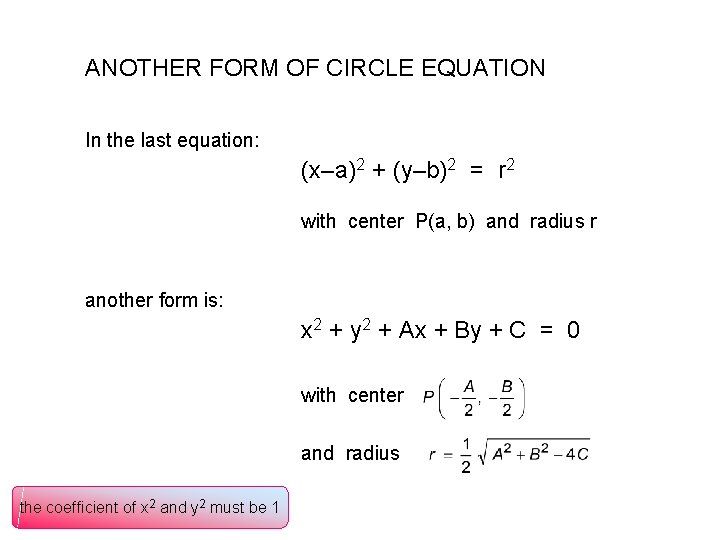 ANOTHER FORM OF CIRCLE EQUATION In the last equation: (x–a)2 + (y–b)2 = r