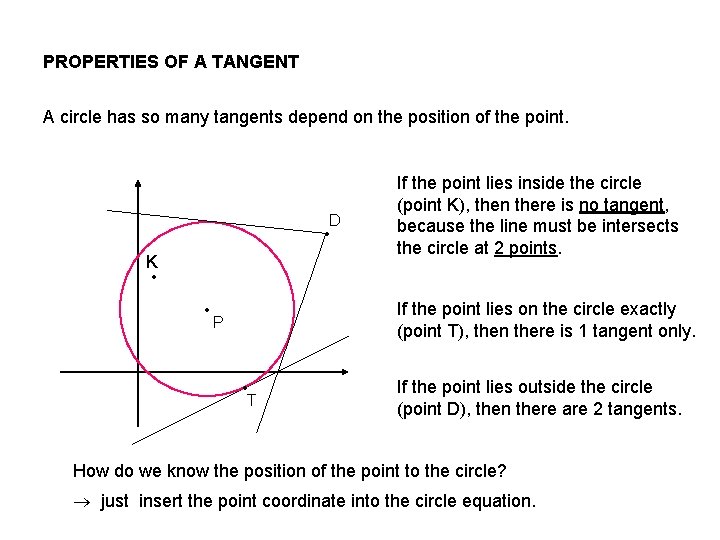 PROPERTIES OF A TANGENT A circle has so many tangents depend on the position