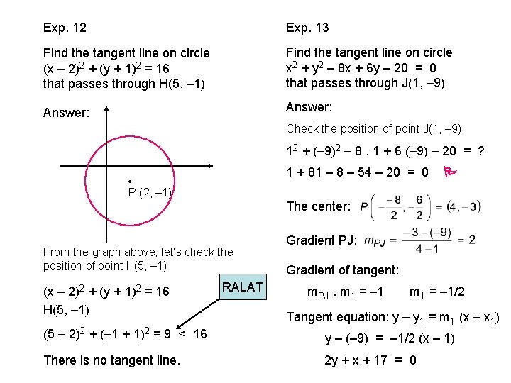 Exp. 12 Exp. 13 Find the tangent line on circle (x – 2)2 +