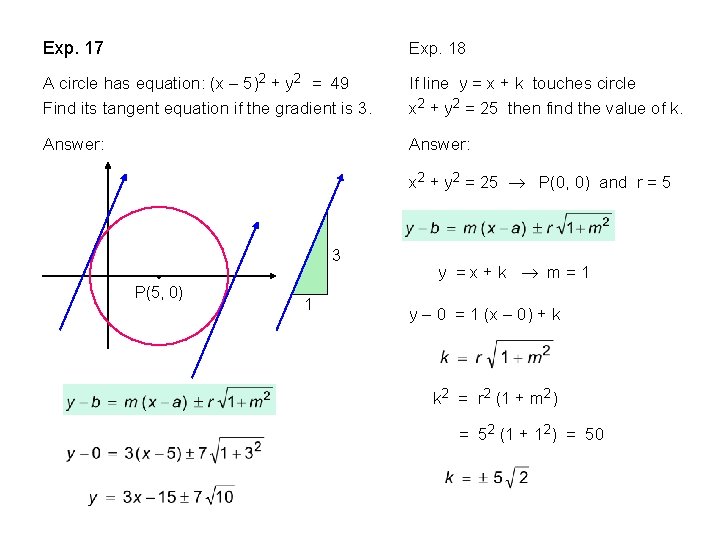 Exp. 17 Exp. 18 A circle has equation: (x – 5)2 + y 2