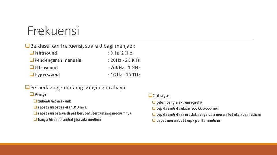 Frekuensi q. Berdasarkan frekuensi, suara dibagi menjadi: q. Infrasound q. Pendengaran manusia q. Ultrasound