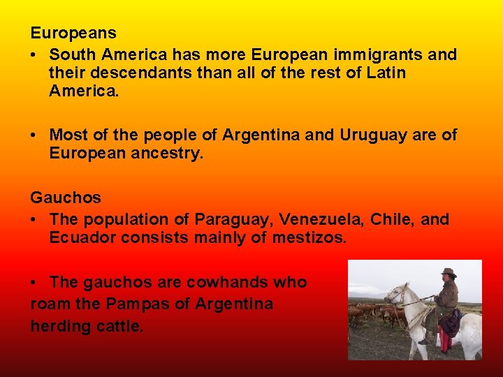 Europeans • South America has more European immigrants and their descendants than all of
