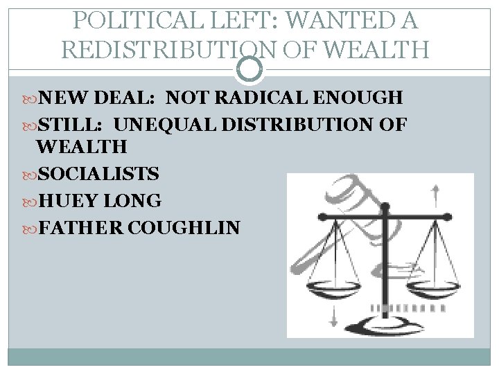 POLITICAL LEFT: WANTED A REDISTRIBUTION OF WEALTH NEW DEAL: NOT RADICAL ENOUGH STILL: UNEQUAL POLITICAL LEFT: WANTED A REDISTRIBUTION OF WEALTH NEW DEAL: NOT RADICAL ENOUGH STILL: UNEQUAL