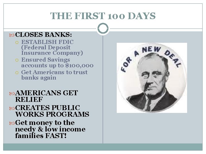 THE FIRST 100 DAYS CLOSES BANKS: ESTABLISH FDIC (Federal Deposit Insurance Company) Ensured Savings THE FIRST 100 DAYS CLOSES BANKS: ESTABLISH FDIC (Federal Deposit Insurance Company) Ensured Savings