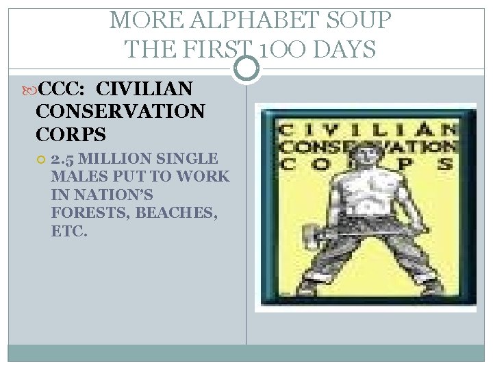 MORE ALPHABET SOUP THE FIRST 1 OO DAYS CCC: CIVILIAN CONSERVATION CORPS 2. 5 MORE ALPHABET SOUP THE FIRST 1 OO DAYS CCC: CIVILIAN CONSERVATION CORPS 2. 5