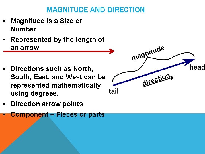 MAGNITUDE AND DIRECTION • Magnitude is a Size or Number • Represented by the